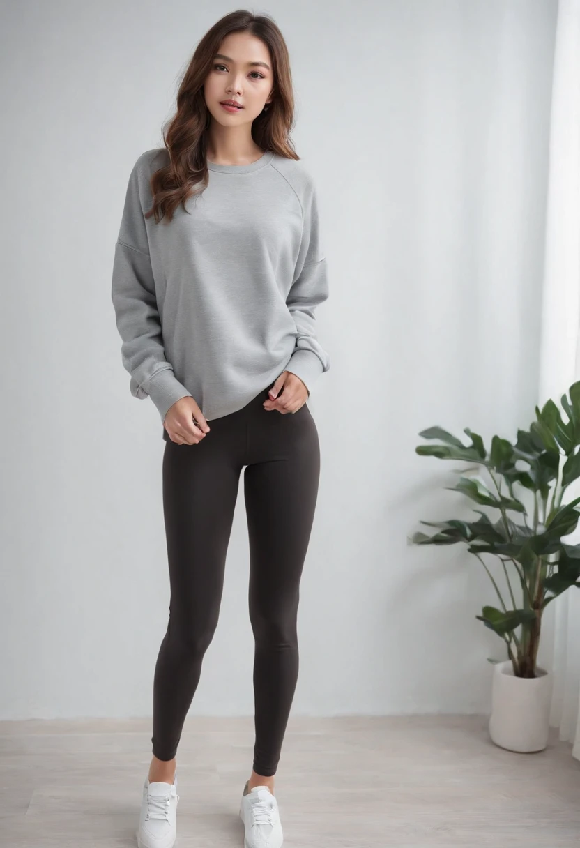 Black skinny leggings,Thin leg,Long legs,Perfect curves,athletic sneakers,Loose sweatshirt,