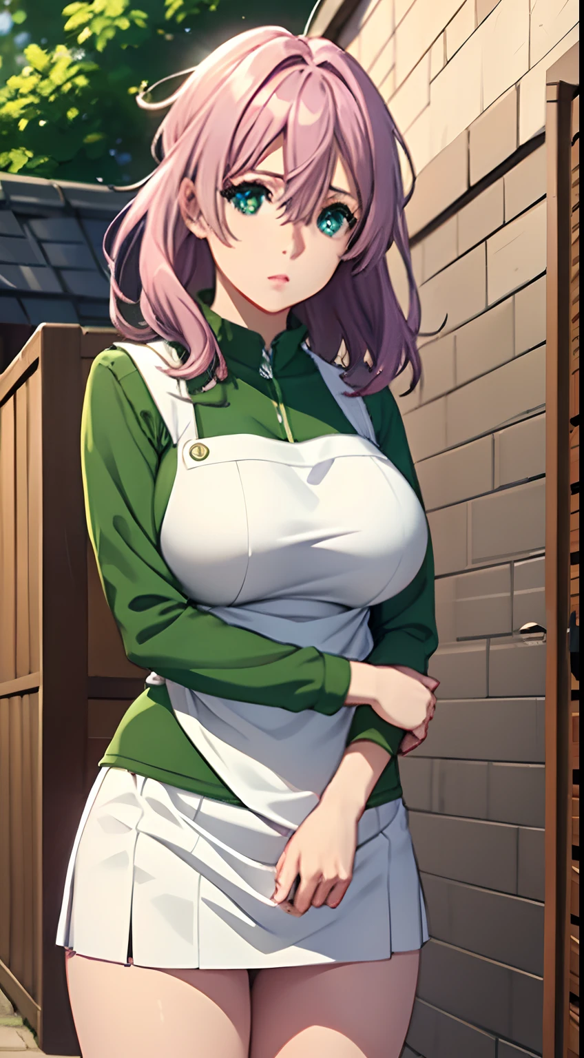 Cute girl,big sized boobs, green colour clothes, white apron, purple eyes and pink hair, short skirt, ultra realistic eyes , Spaceship outside, bright purple eyes, ultra realistic detailed eyes, innocent eyes, looking at camera