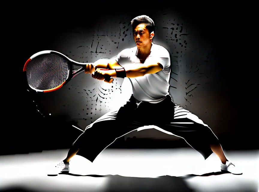 Drawing of a man with a tennis racket, Fighting Pose, martial art pose, fight pose, dynamic perspective pose, Fighting stance, Dynamic extreme shortening, dynamic pose perspective, fighter pose, battle posture, Gesture drawing, Dynamic Action Pose, serpentine pose gesture, heroic action pose, heroic kicking pose, in a fighting stance, gesture drawn