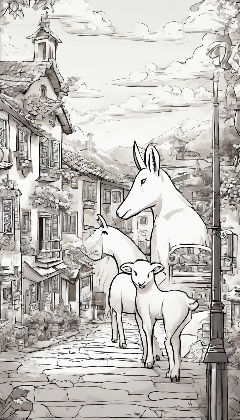 A black and white commercial illustration of white lamb, muito bonito, ele se encontra em uma cidade cheia de cores bem leves, To your right is your very adorable wolf friend. O cordeiro possui um olhar muito fixo. Both are close to the center of the city. The city is portrayed in a natural way, com casas de madeira ao redor. The image should have a natural style with fine strokes and a touch of manga. A ovelha deve ser representada em detalhes, with his expression demonstrating purity and determination in his task. A imagem deve ser em preto e branco com alta qualidade, with a pencil and ink caricature drawing style, com cores neutras e leves. Certifique-se de pegar o lobo cinza conversando com o cordeiro, but not so glued together symbolizing happiness and hope in the face of life's challenges.", 16k