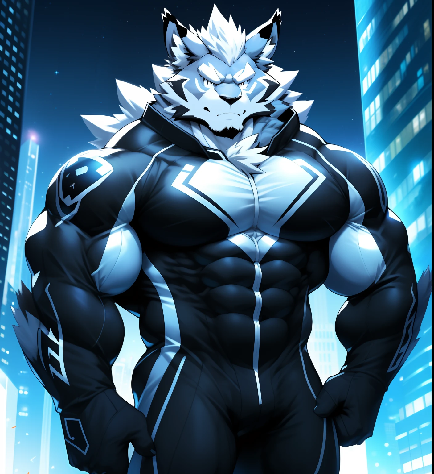 City background, skyscraper, futuristic city, night, stars, night lights, Leomon Gigachad, Superhero, hero, Nadaria, massive muscles, huge pecs, chiseled ABS, huge pecs, exaggeratedly huge muscles. A furry hero whose presence inspires trust and respect. (((His hero suit is black and white.)))