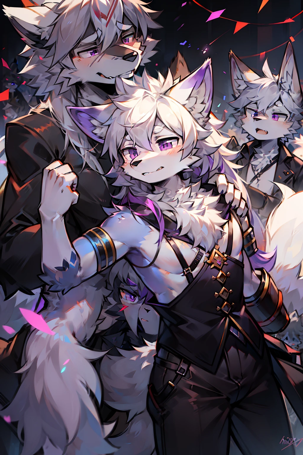 Many people,Fluffy Man,furry,Coyote,Kanid,gray fur,Long white hair,The ends of the hair are purple.,purple eyes,Bullied,Odd,handsome,Elongated action,One party was molested.