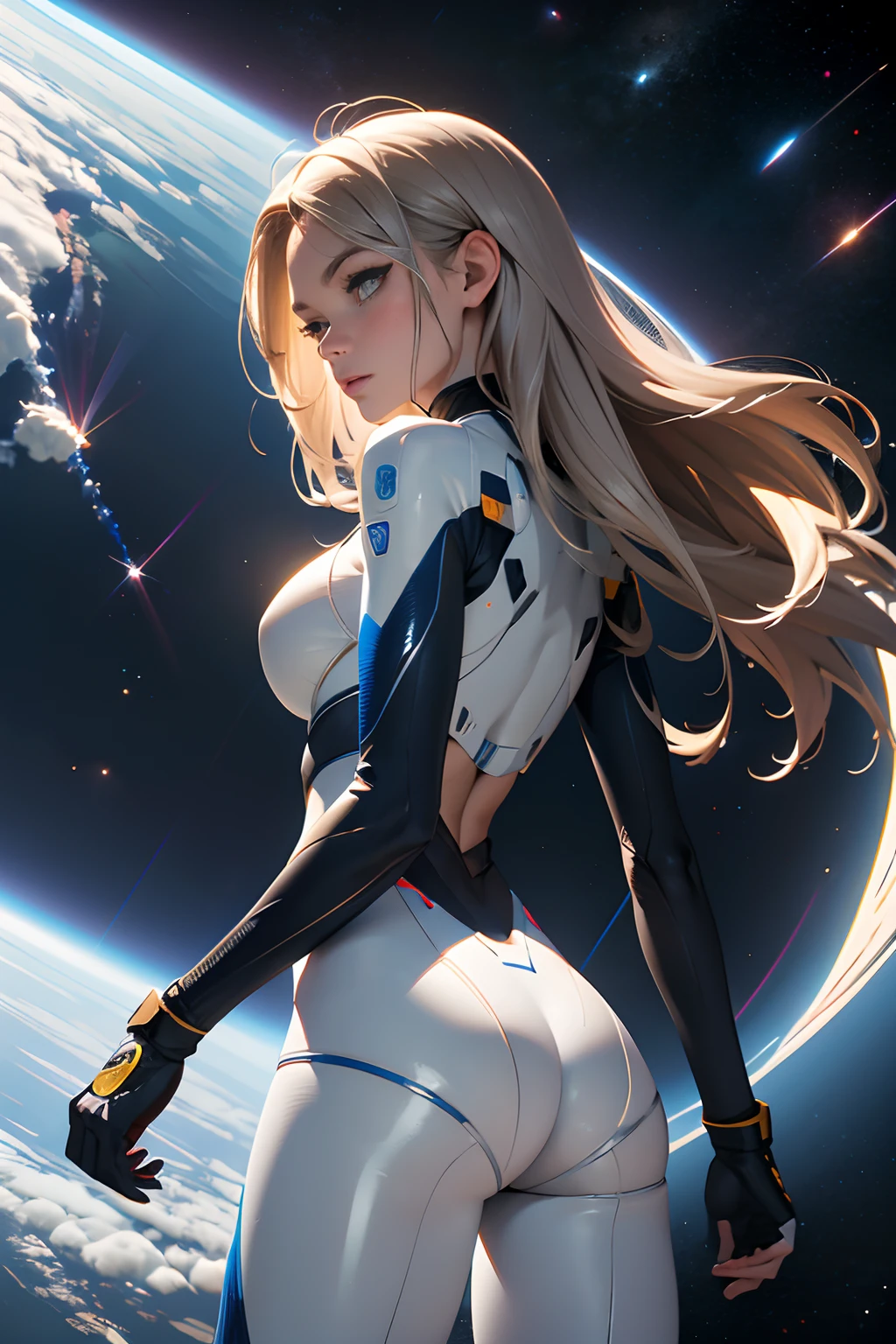 rear view, backside view, turning away, sandy hair, eyes are blue, fit body large breasts slender thighs slender waist pilot suit solo looking away from viewer, in space, long hair, blushing, determination, 8k, extreme detail,