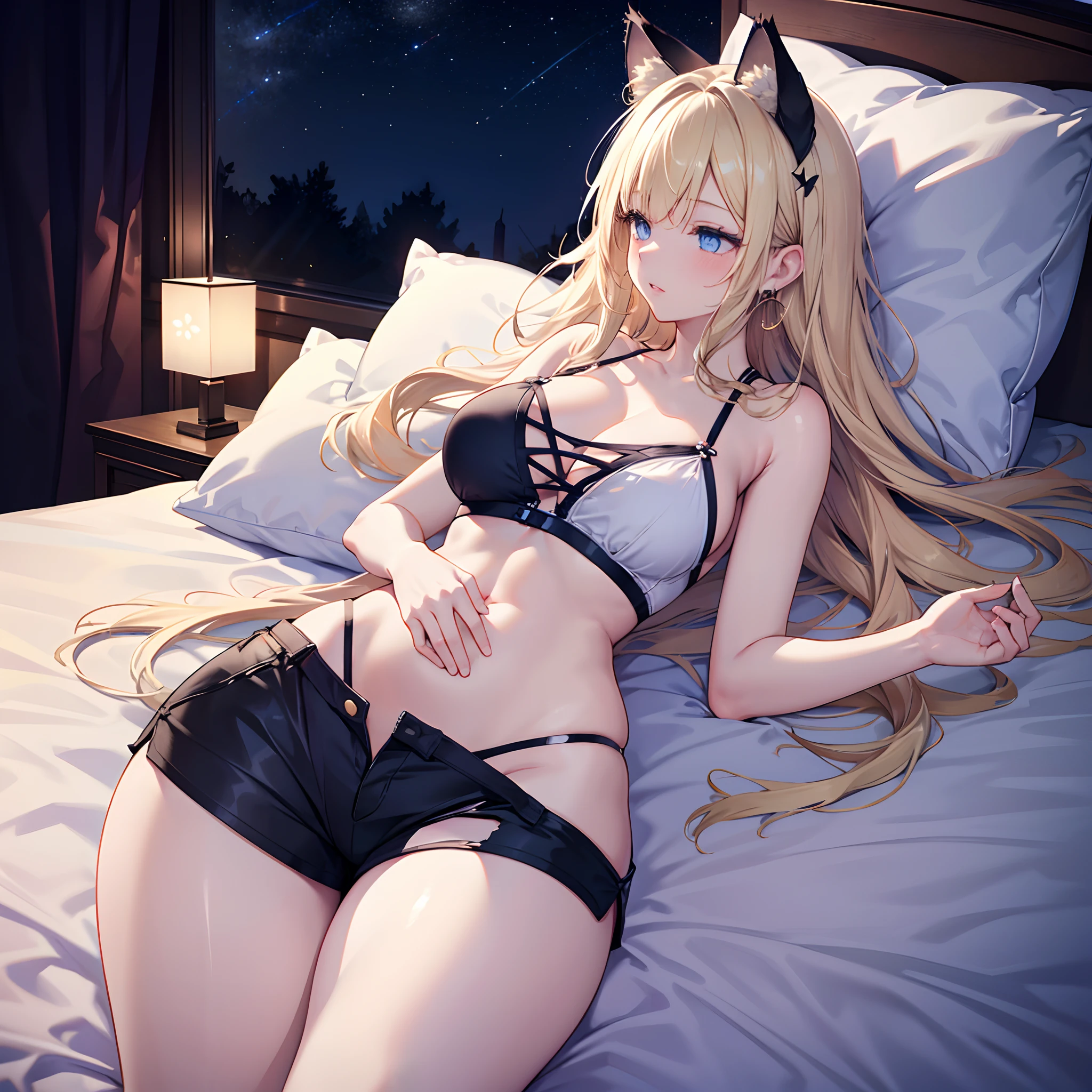 Realistic and detailed image of a girl with cat ears. sleepwear with mini skirt shorts. Unusually shiny long silky blonde hair. blue eyes. Has earrings and long eyelashes. She has full lips. large breasts, slim waist, very wide hips and thick thighs. profile. arched back. She is sleeping in a bed. snowy night. dark atmosphere. Starry night.