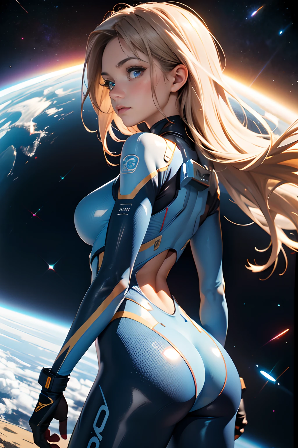 rear view, backside view, turning away, sandy hair, eyes are blue, fit body large breasts slender thighs slender waist pilot suit solo looking away from viewer, in space, long hair, blushing, determination, 8k, extreme detail,