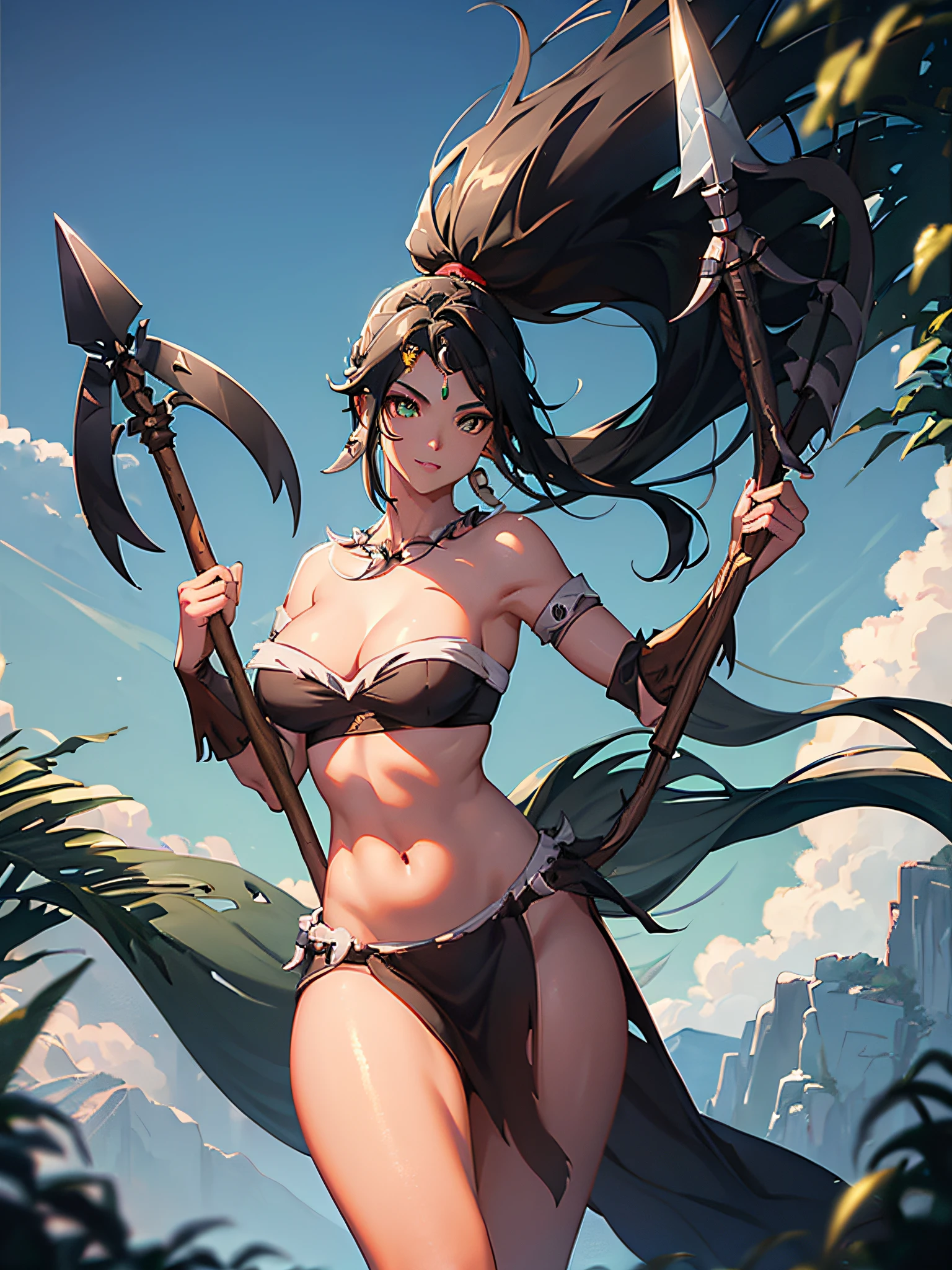 Nidalee, fang necklace, fang earrings, long straight black ponytail hair, a sapphire on her forehead, yellow feline eyes, (((holding a spear with a wooden base and a bladed predra tip))), full body , big ass, thick thighs, {extremely detailed 16k CG unit wallpaper}, expansive landscape photography, (a low view with focus on character and setting), (wide view of open field), (shot in low angle), (high light: 1.5), (low light: 1.4), (warm light source: 1.8), complex details, (iridescent colors: 1.8), (bright lighting), (atmospheric lighting), dreamy, aesthetic