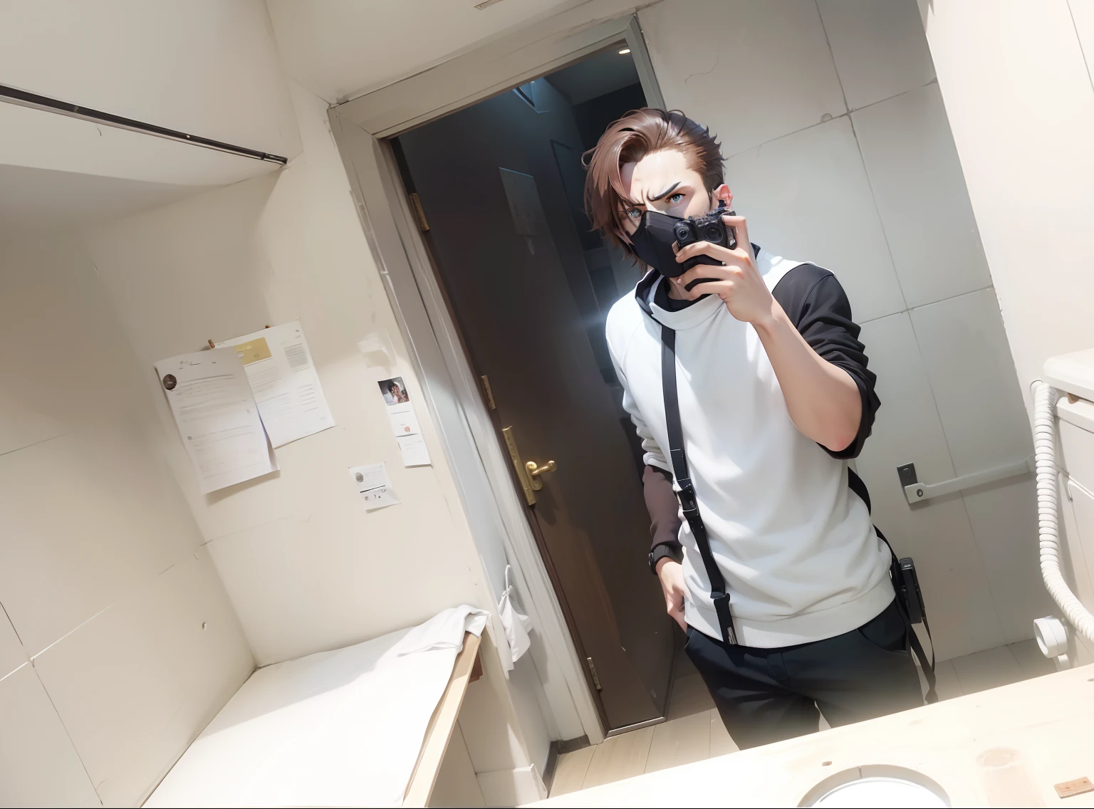 ung man with brown hair, left eyepatch, long black sweater, angry, anime, left eyepatch, anime, a gun.