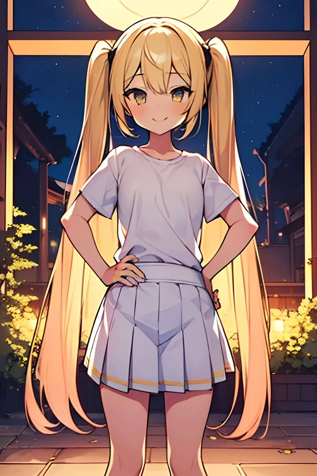 1girl. yellow hair.long hair.twintails.short stature. small breast.white t-shirts.skirt. (((masterpiece))).(((best quality))).)((ultra-detailed))).(((illustration))). (((put your hands on your hips))).(((night view))).smile.