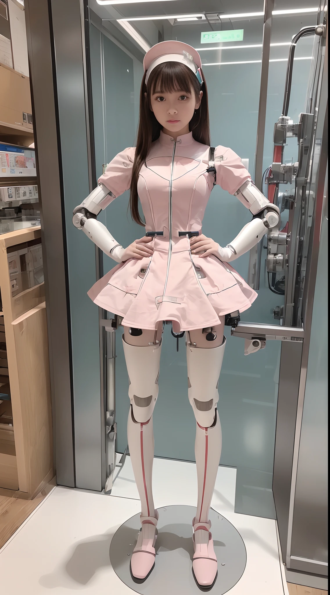 ((masterpiece)), ((top-quality), High quality, ultra-definition, Realistic, full color, One beautiful nurse robot girl, Joints of machines, Frame of the machine, Thick wire joints, Pink nurse Dress Machine Armor, Brown straight hair,,((Electronic substrate)),(Perfect Robot Girl),(Perfect machine body),(Perfect mechanical legs),(Slender body),(Well-proportioned girl),(Standing with legs open),(Hands on hips),(front facing)