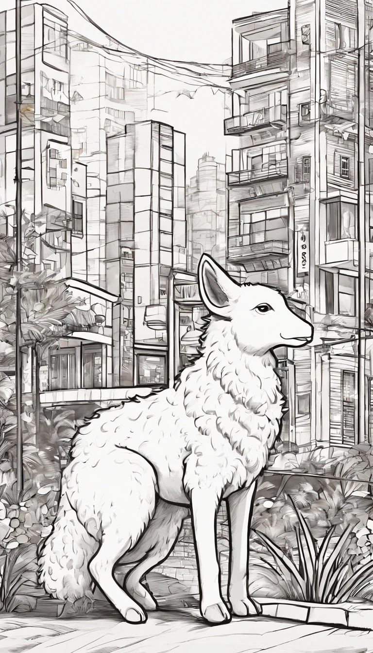 A black and white commercial illustration of white lamb, muito fofo, ele se encontra em uma cidade cheia de animais, To your right is your very adorable wolf friend. A ovelha possui um olhar muito limpo. Both are close to the center of the city. The city is portrayed in a natural way, com casas de madeira ao redor. The image should have a natural style with fine strokes and a touch of manga. A ovelha deve ser representada em detalhes, with his expression demonstrating purity and determination in his task. A imagem deve ser em preto e branco, with a pencil and ink caricature drawing style. Certifique-se de pegar o lobo cinza conversando com o cordeiro, but not so glued together symbolizing happiness and hope in the face of life's challenges." 16k