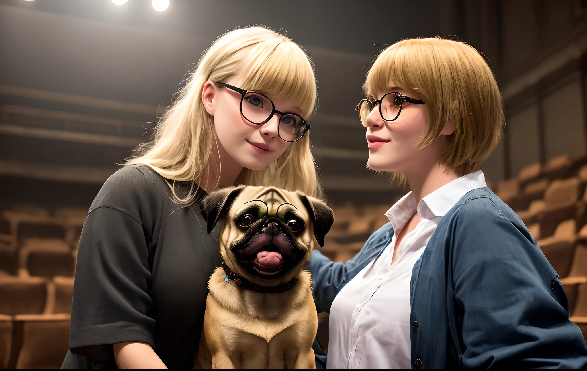 Girl with blonde locks and bangs green eyes with glasses with a pug dog at Teatro Amazonas