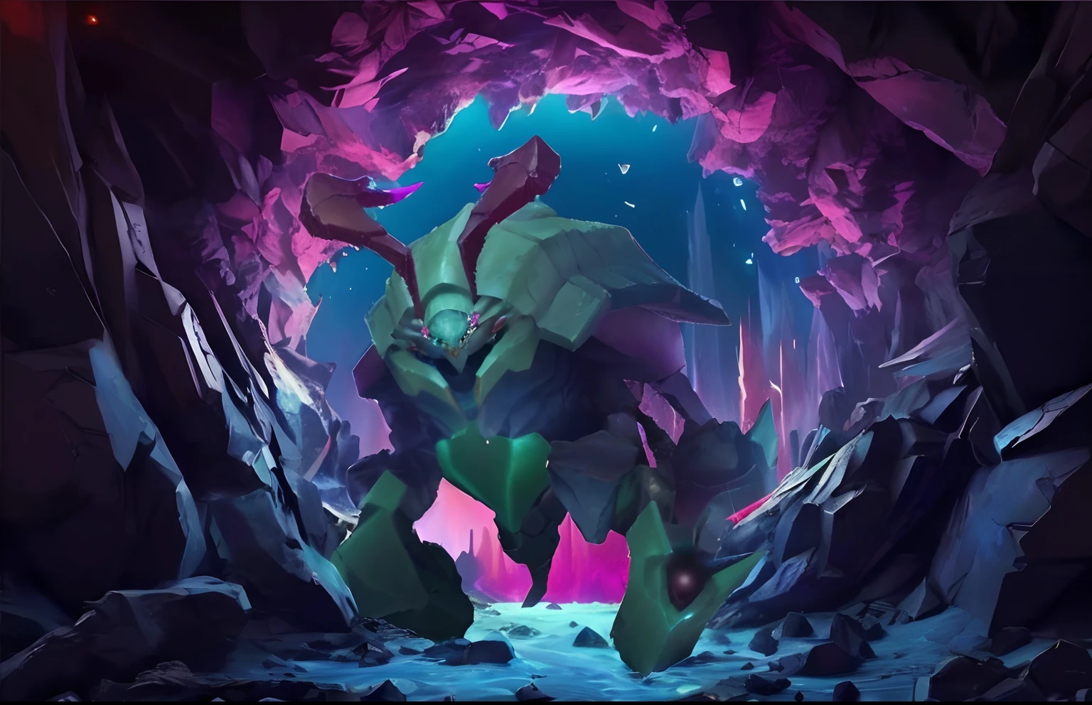 A closeup of a giant alien creature in a cave, scarab reploid, Estilo Duelyst, nasus, mythical gigantic space cavern, Roshan, hermit crab titan, gigantesco, z'gok. 8 k hd resolution, Metroid, em estilo de arte de Hearthstone, por Starcraft, 8k hd wallpaperjpeg artefato