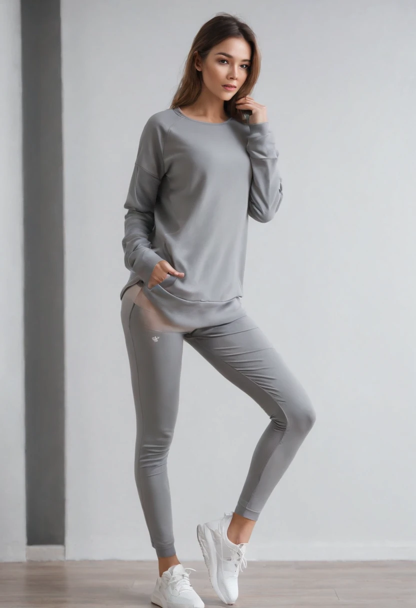 Gray leggings，Thin leg，Long legs，Perfect curves，athletic sneakers，A loose extra-long sweatshirt to the thighs