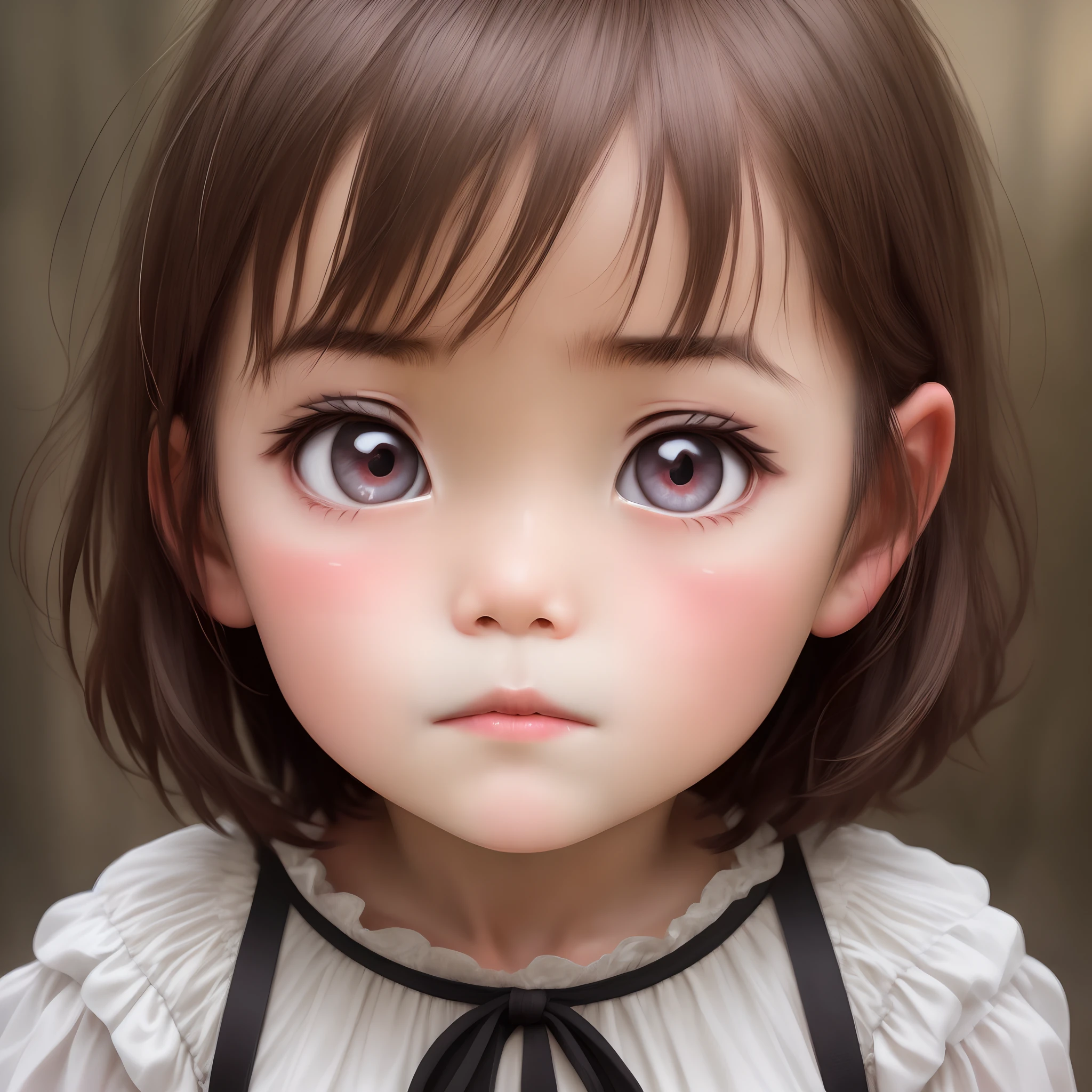 Short-cut 5--old eign big-eyed girl with a bust up facing the front with no expression on her face and the background is white