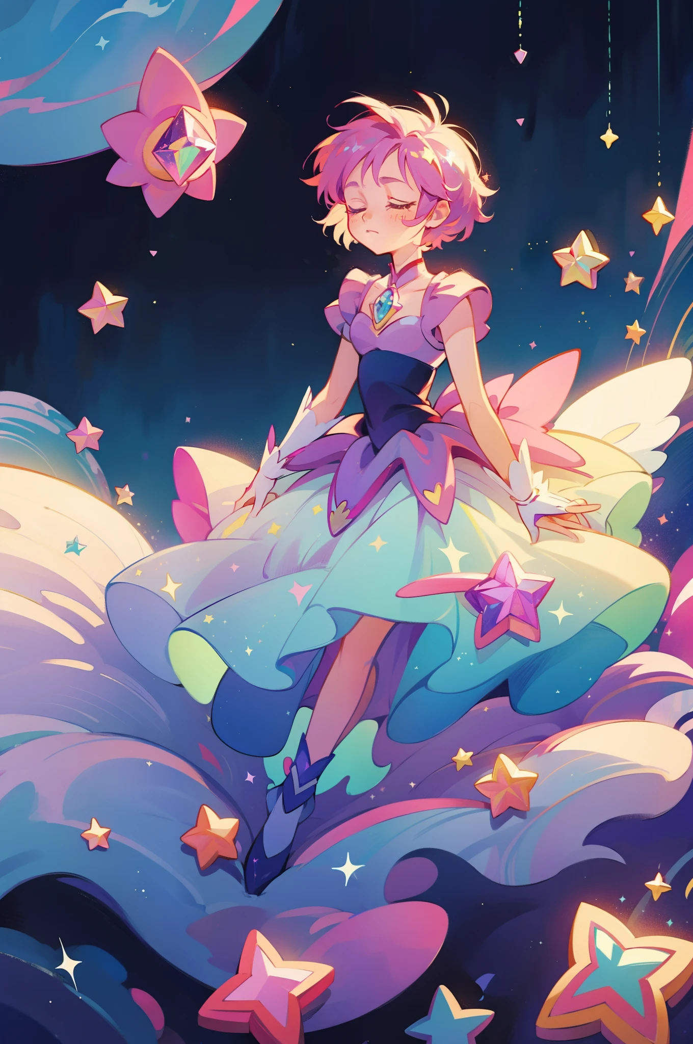 masterpiece, best quality, 1girl, magical girl, detailed magical girl costume, pretty cure, star guardian, Cardcaptor sakura, puella magi madoka magica, colorful gems, crystals, sparkling, bright colors