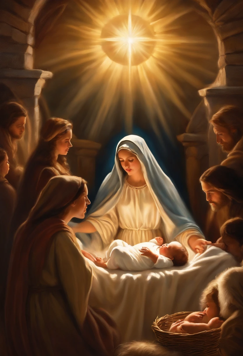 Illustrate a picture of the manger with Mary holding the  Jesus, surrounded by an aura of light. José is next to her, watching the baby wieverence