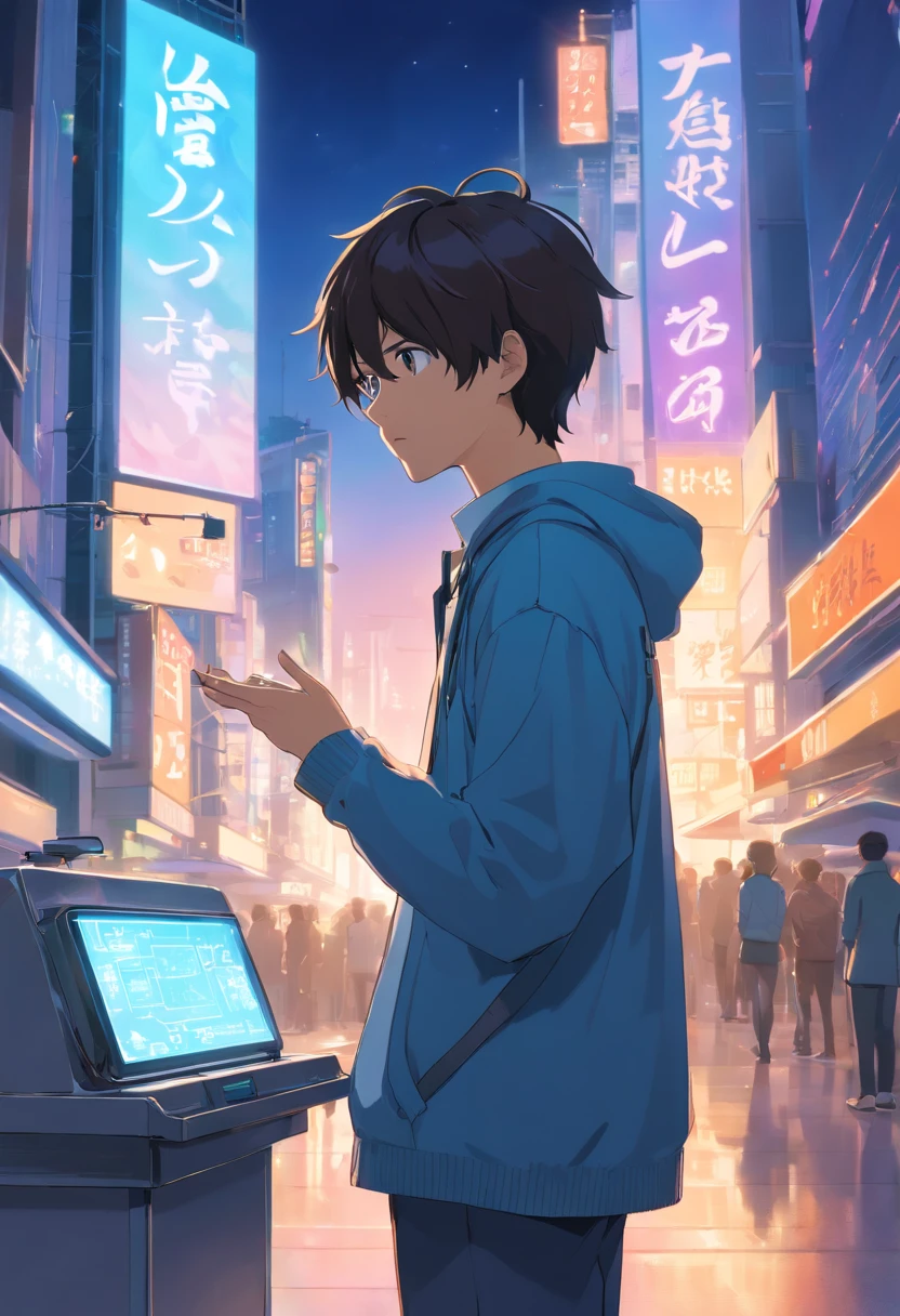 Nerdy boy interacts with lifelike hologram projection in front of his eyes、Design futuristic and visually stunning scenes, A highly detailed robot companion stands by his side, Showcasing the best of technology and innovation