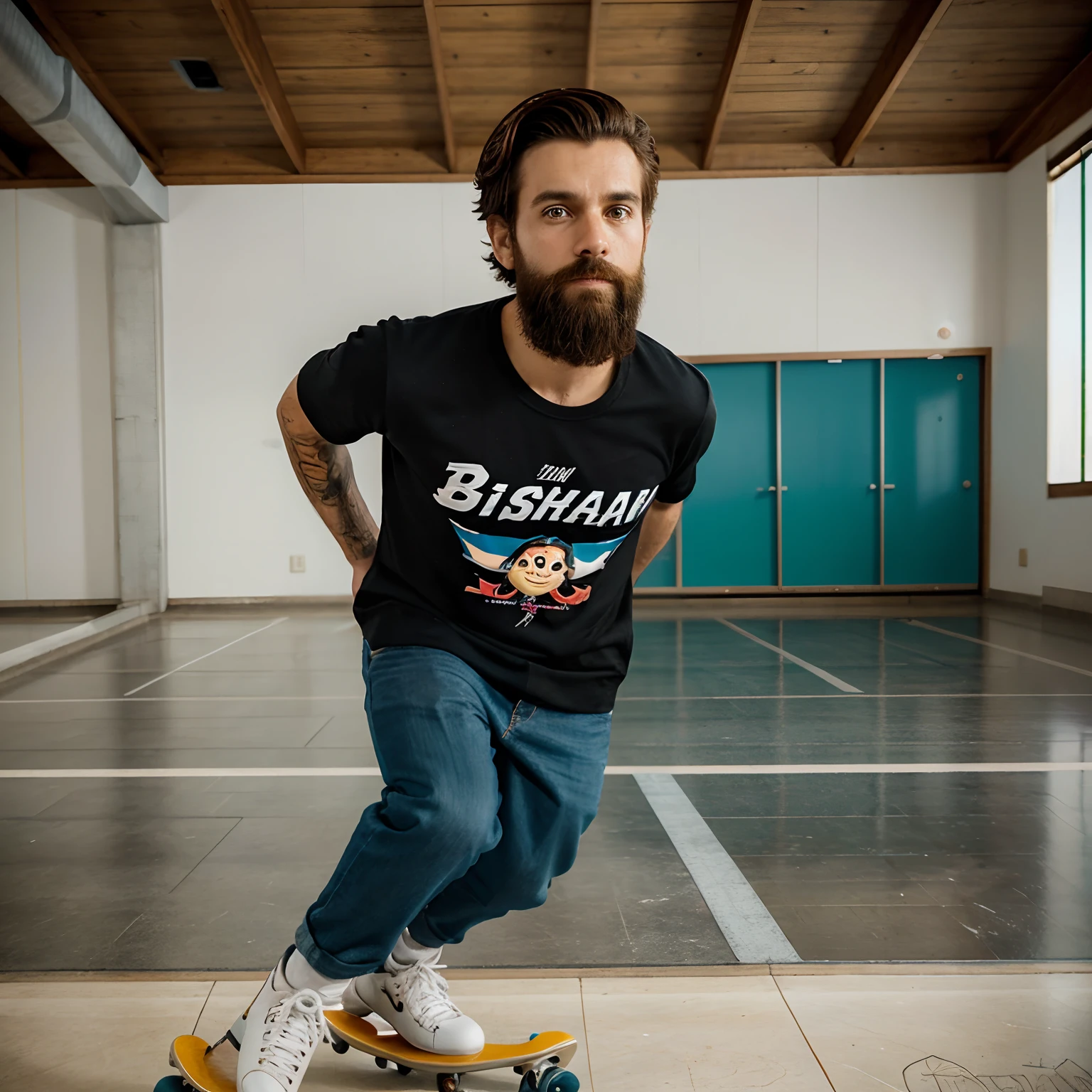 Homem de 30 anos, estatura baixa, cor clara, magro, cabelos castanhos, sem barba, roupas estilo skatista, segurando um skate, em uma pista de skate, Pixar, Disney, cute