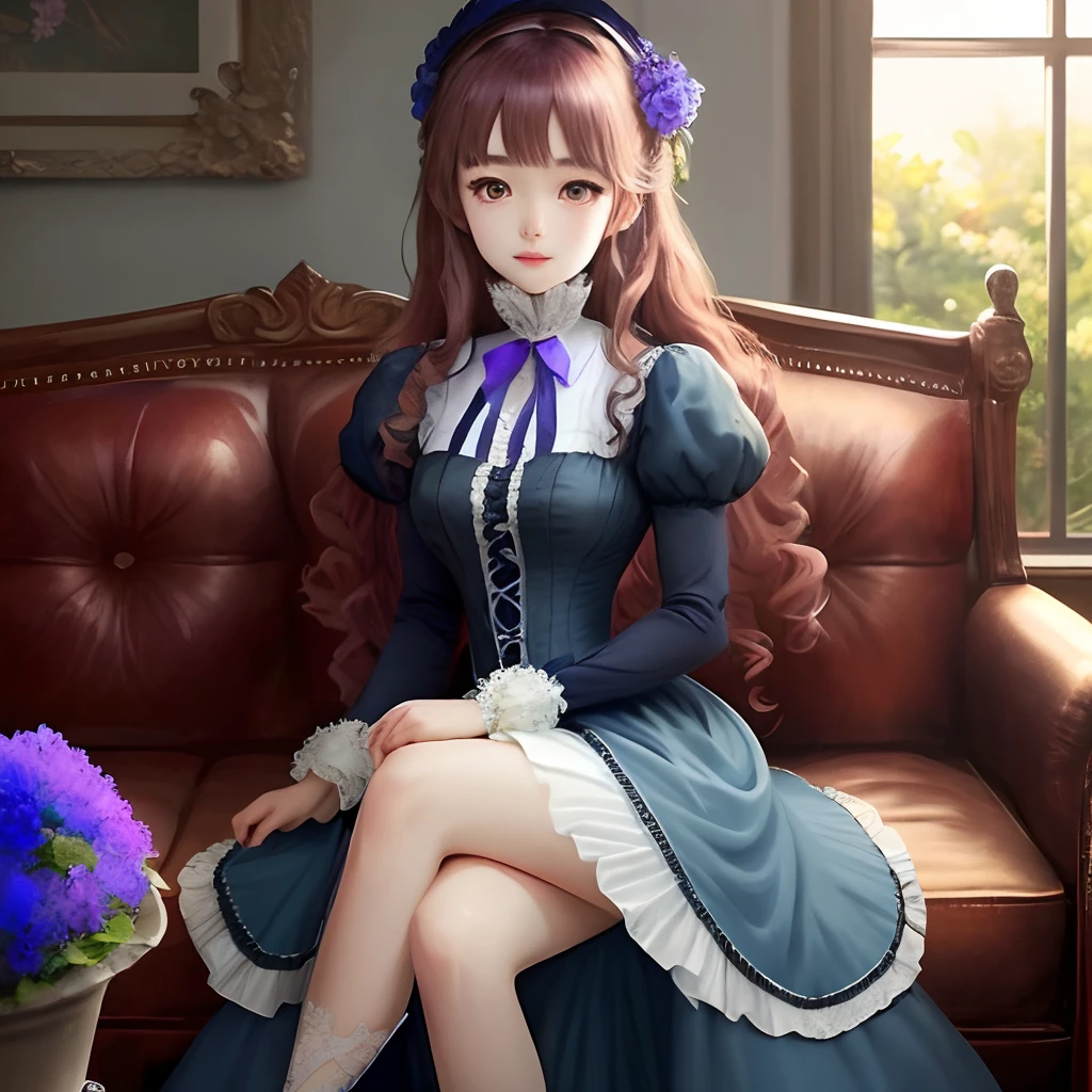 Anime girl with long violet hair ans beautiful brown eyes. She wears a blue victorian dress with blue flowers in her hair