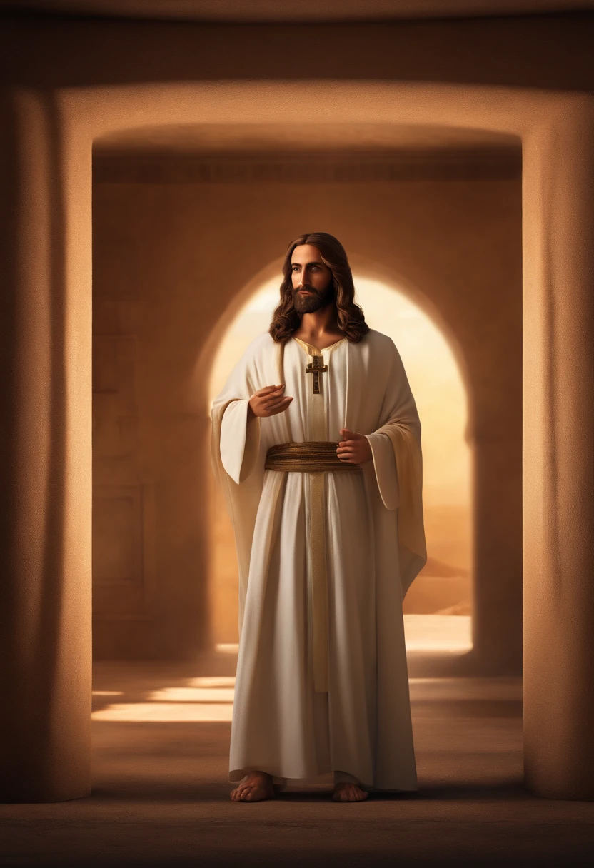 jesus com fundo brilhante, jesus com cabelos curto e olhos azuis, roupas brancas e longas, jesus cristo, muito bonito, jesus alegre, foto realista, muito realista, unreal engine, apenas jesus, centralizado