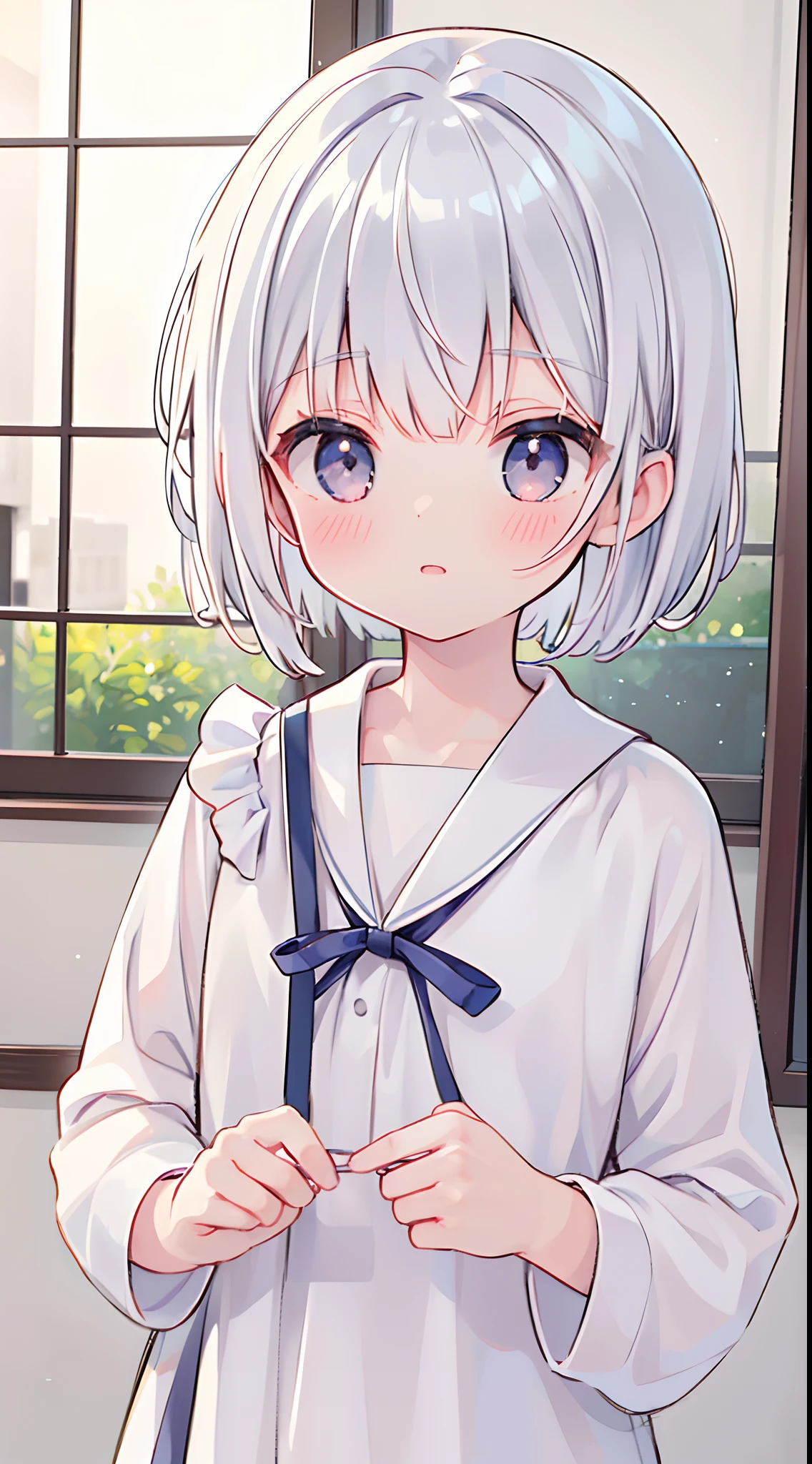 ((hiquality,Best Quality,8K,Top image quality,))girl1,kawaii,Lori,Silvery hair,short-hair,cute little,shorth hair,校服,Less exposure,Upper body only