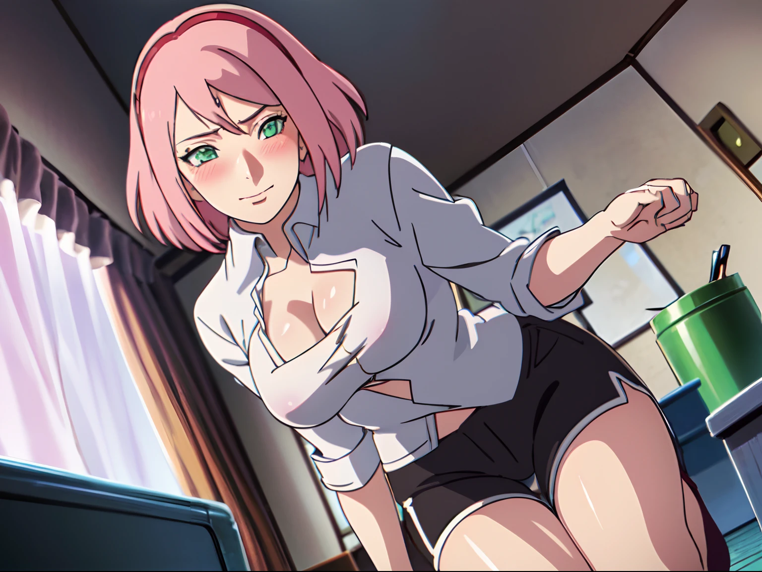 (Best quality:1.3), ，A girl，,Medium breasts, White color blouse，tiese, cleavage, Black shorts, angle of view, Be red in the face，Blush 1.5，inside in room，，liveroom，Show off your thighs，Particularly heavy blush，kneels on the ground，pink short hair，((Hold your legs with both hands))