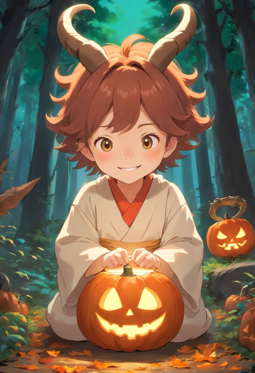 Light transforms into a small child with horns, Horned God, Smile and radiant expression.Halloween