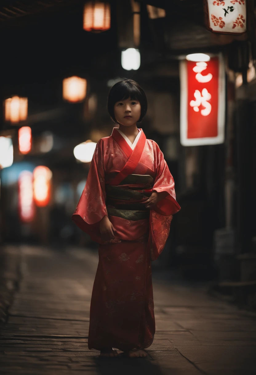 full body Esbian, Wear a colorful kimono, 7 years old, Petite child of 7 years old Japan on dark city street, Dark eerie streets, Petite girl, flat-chest, petite figure, Short black hair, exposing the abdomen, Midriff Exposure, small tits, ((big breasts thin waist)), a small face，Barefoot，（（Naked）），flat-chest