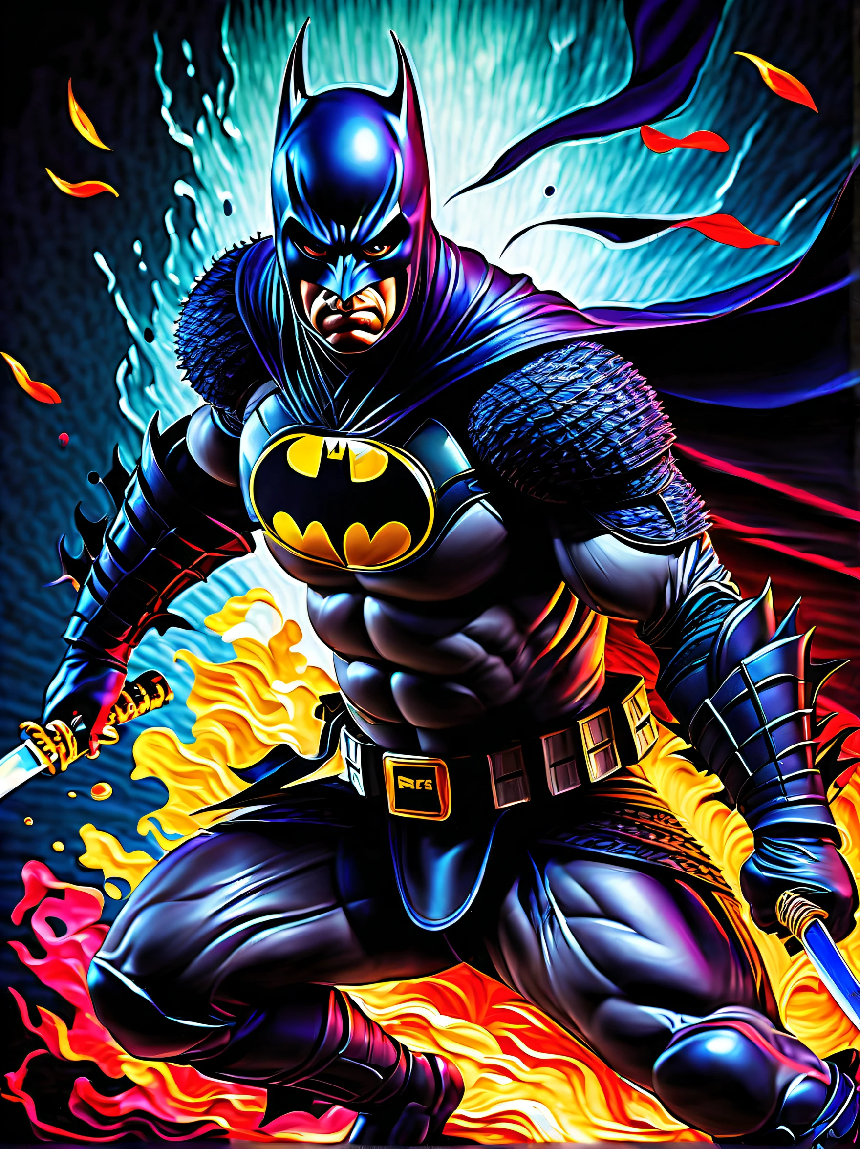 (((ninja batman of intricate detailed oil painting illustration:1.5))), (((thickly coated:1.4))), full body shot, samurai costume, around lots fantasy flame water ball glowing with lighting, ((dark rich colors glow fused fear wish:1.2)), (create ultra quality dark fantasy wish:1.5), (cinematic still and angle:1.3), (((extremely incredibly detailed:1.3))), intricate insane details, (((radiosity rendered in stunning 32k resolution:1.3))), highest quality, highly quality, sharpness and clarity unmatched, beautiful semi-transparent clarity that is unmatched water colors, an amazing felling comin through, (((extremely incredibly detailed:1.1))), (((intricate insane details:1.3))), (((mesmerizing and visually diverse rendering of rich colors:1.4))), exuding a sense of sophistication and maturity of stunning landscape illustration, (((incredibly detailed:1.3))),
