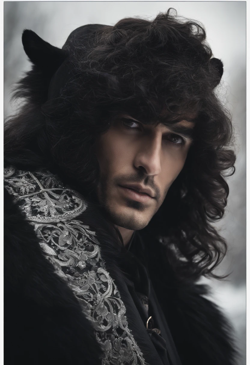 A man with crow eyes, bear on the Chin, long wavy black hair, black Coat, Rings on fingers
