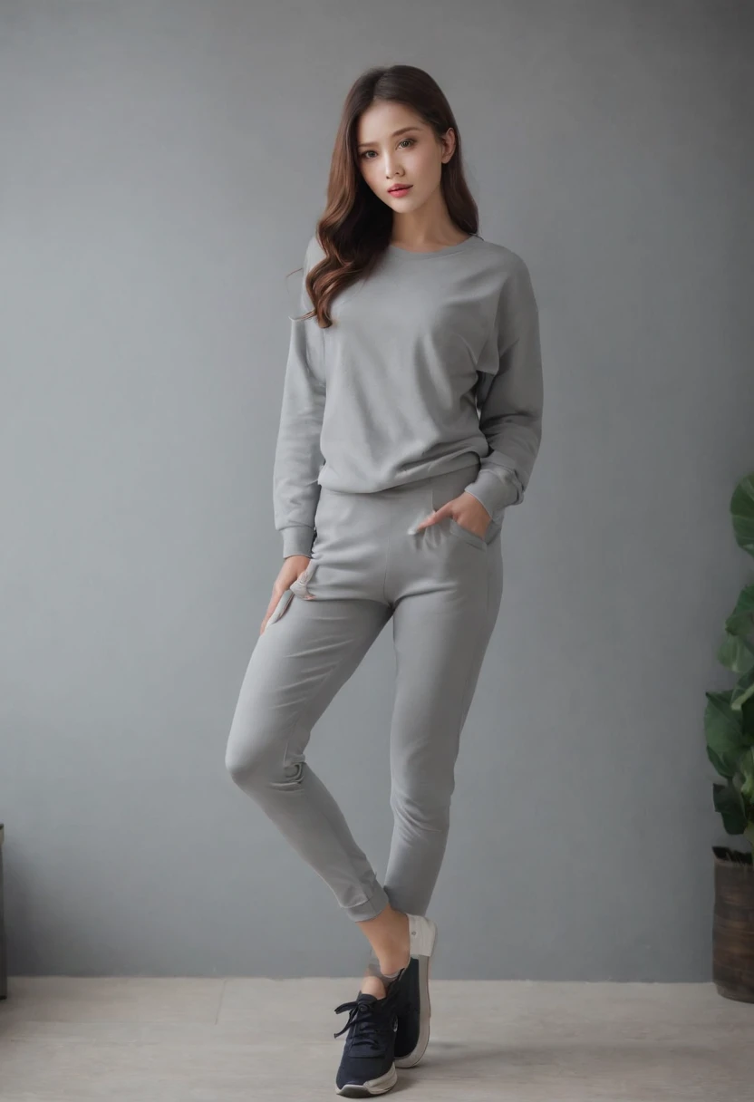 Gray leggings，Thin leg，Long legs，Perfect curves，athletic sneakers，A loose extra-long sweatshirt to the thighs，Ultra-thin legs，Chopstick legs，Cute beauty，