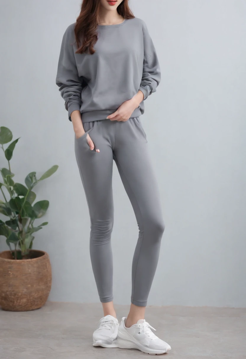 Gray leggings,Thin leg,Long legs,Perfect curves,athletic sneakers,A loose extra-long sweatshirt to the thighs,Ultra-thin legs,Chopstick legs,Cute beauty,
