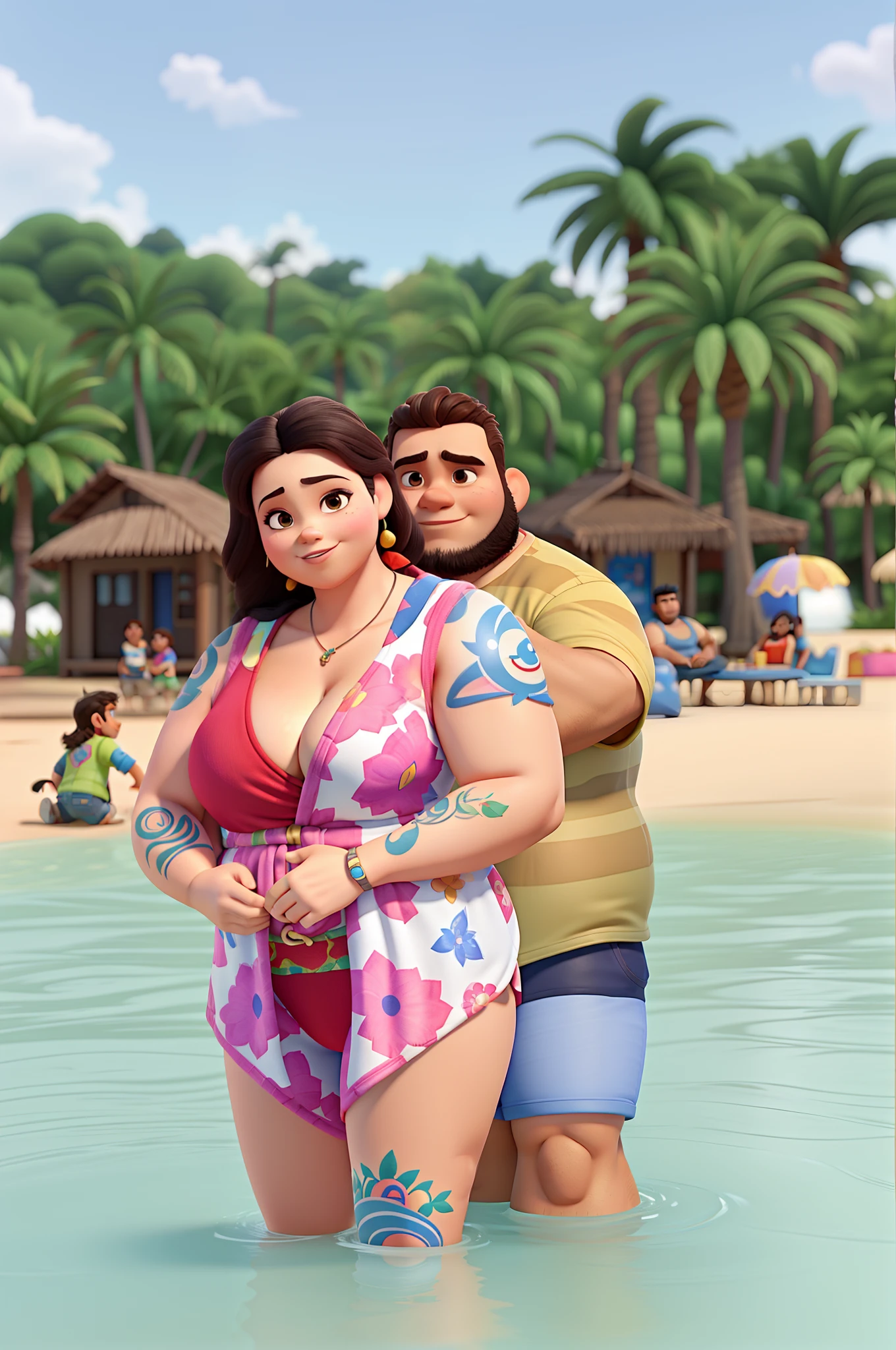 Mulher gorda e tatuada de maio e homem gordo de sunga, estilo Disney Pixar 3D, alta qualidade