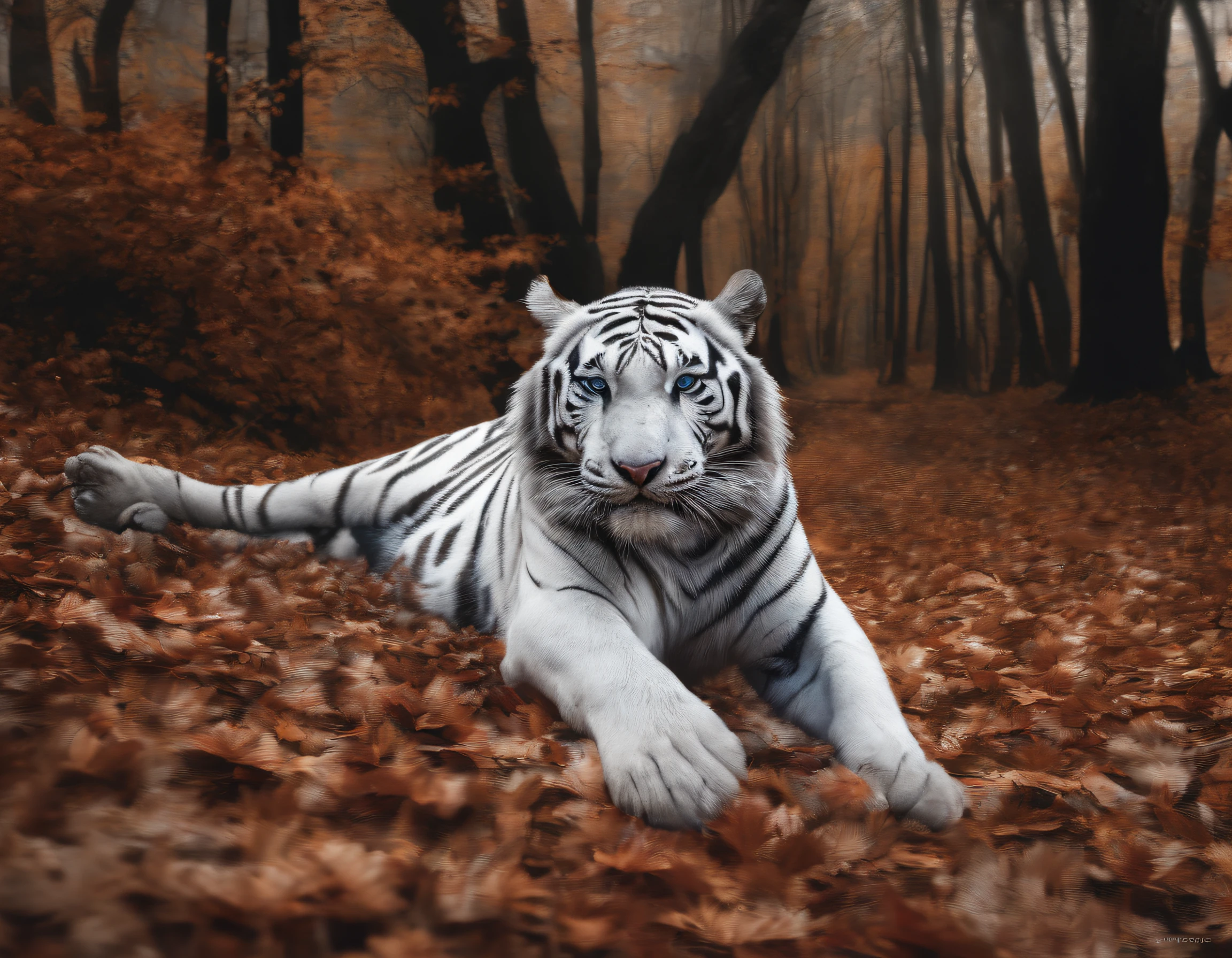 The prompt for Stable Diffusion:
"a white tiger enters the scene facing the camera in a forest with falling leaves, the lighting in the forest is red and black"