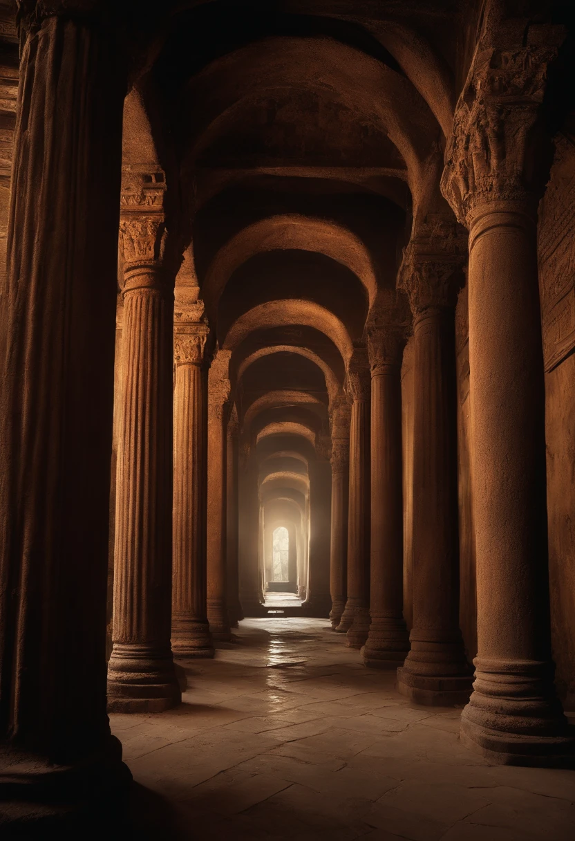 dark room with pillars,dark and humid place like an old sewage room made for ancient rituals