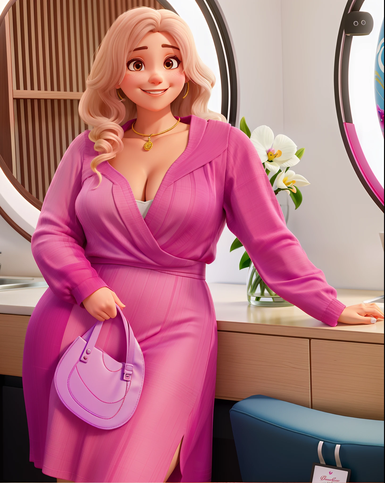 Mulher com sorriso, cabelo loiro e com vestido rosa brilhante. Behind the arm resting on the countertop is an orchid vase.