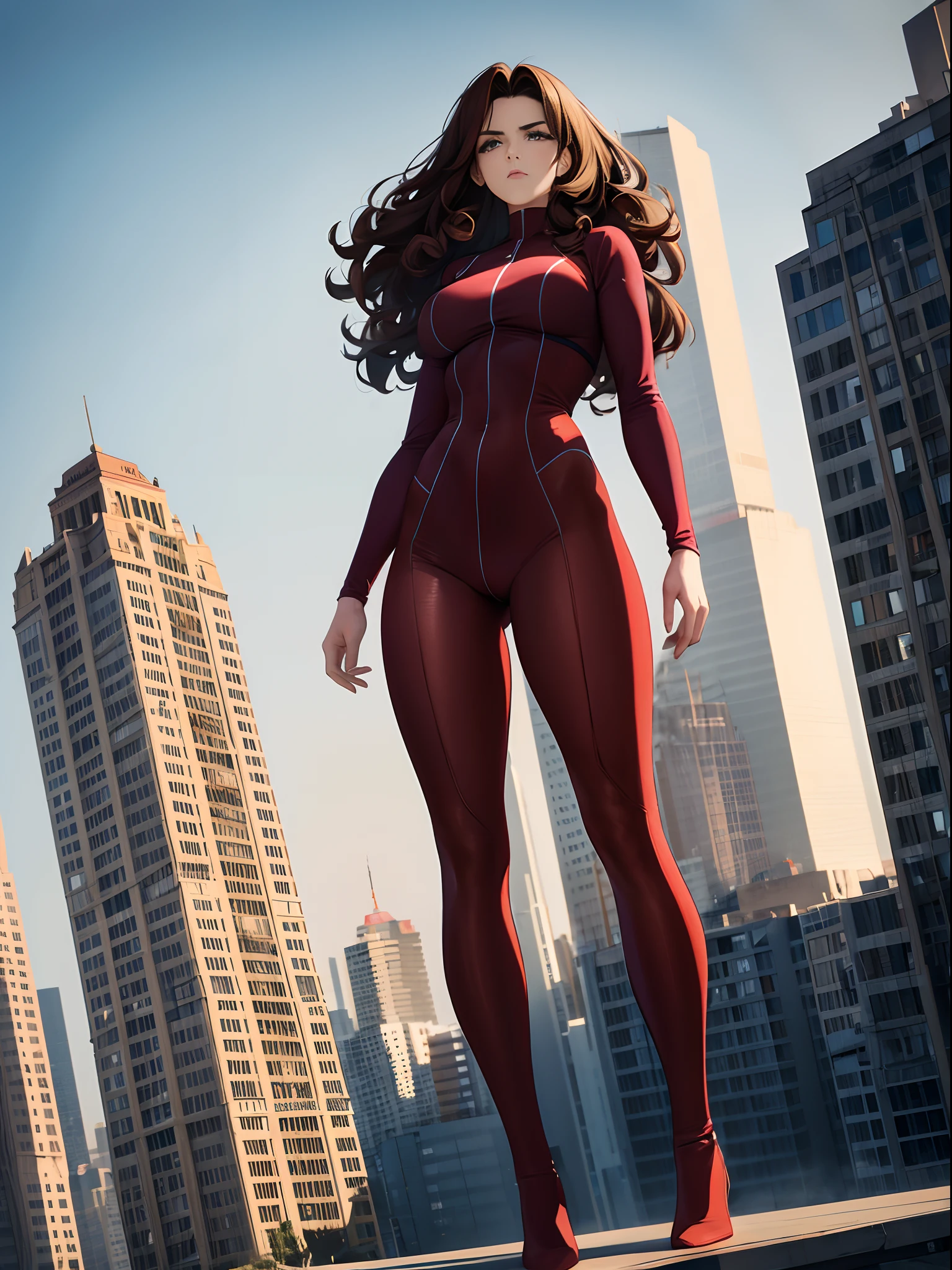 A woman 50 feet tall, 28 years old, Superhero, Medium hair, Curly hair, Brown hair, ((Tall than a building)),Red tights,A nervous expression,Fighting posture,(((low angles))),(((The whole body)))