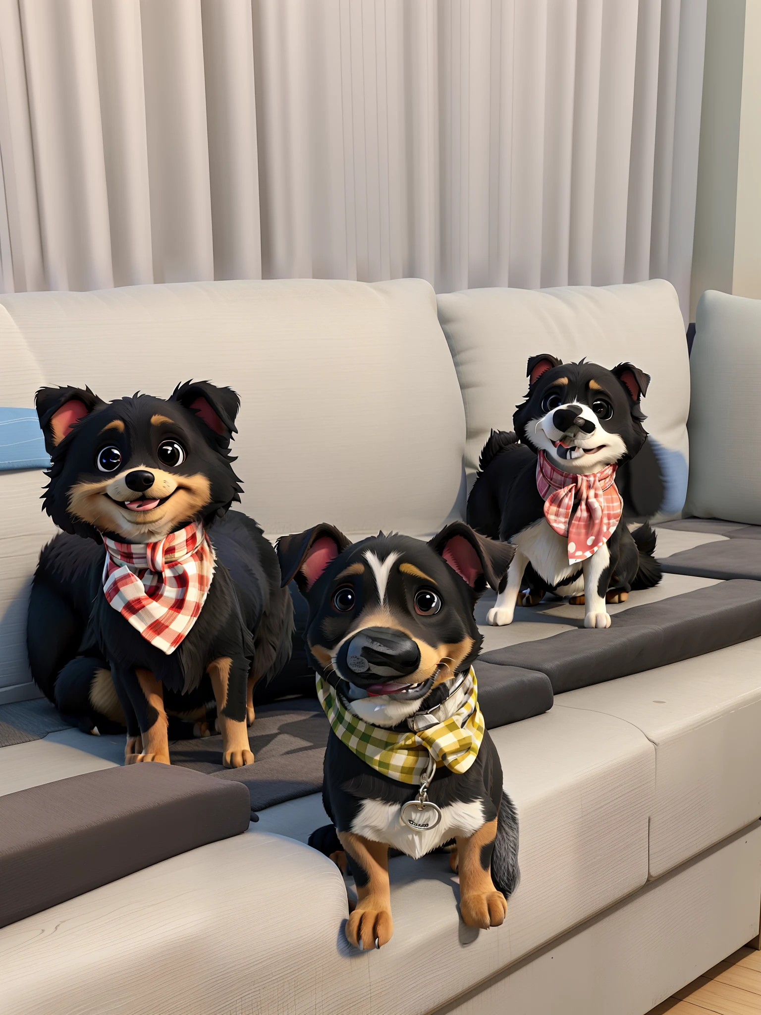 Three dogs smiling and cheerful playing