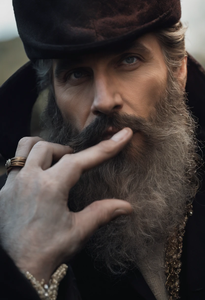 A man with crow eyes, beard on the Chin, long wavy black hair, black Coat, Rings on fingers