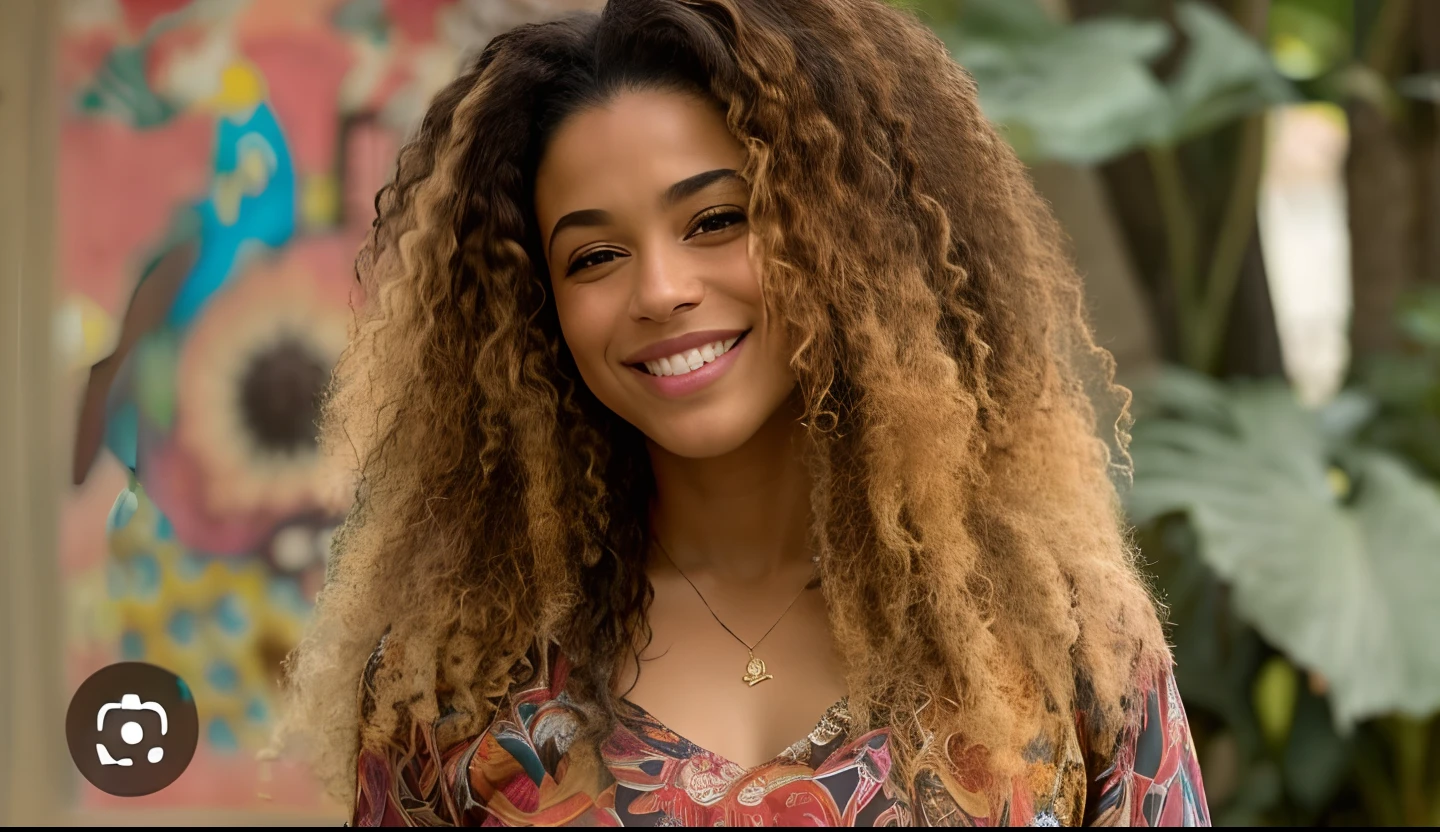 uma mulher com cabelos cacheados sorrindo e vestindo uma camisa colorida, Justina Blakeney, Ashteroth, Bela Stella Maeve Magician, gorgeous stella maeve magician, Malika Favre, mulher bonito, linda senhora, Laure Lipton, mulher linda, inspired by Almada Negreiros, afro encaracolado, mixed race woman, curly middle part haircut