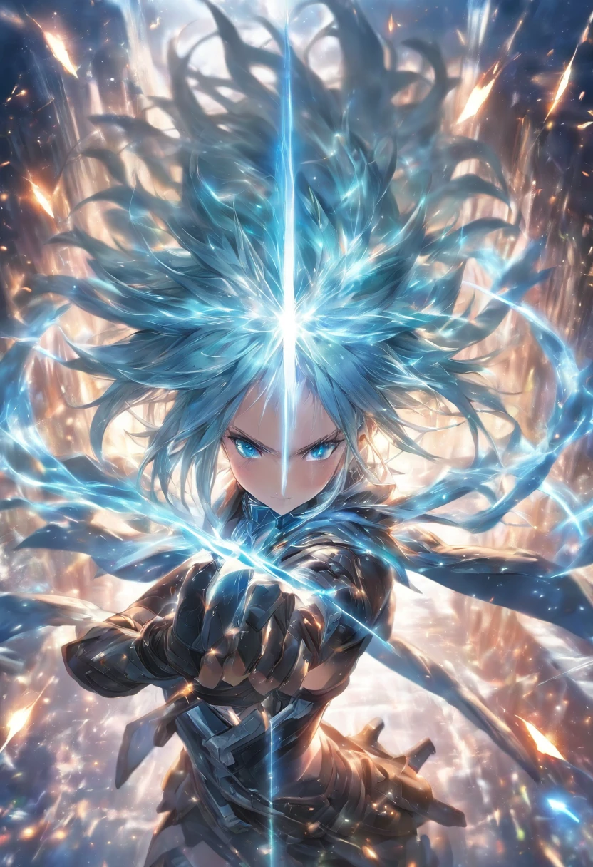 High quality, Ultra detailed, (1girl), a women with light blue hair and wearing silver armor and dark blue clothing, Sinon Solus, Sinon Solus from Sword Art Online, holding Annihilate Ray bow, anime girl, earrings, hair ornament, aura and magic particles, Face behind the camera, Head facing the camera, Ultra photo realsisim, Blue eyes, On the road, standing, blue nuerons running on the neck