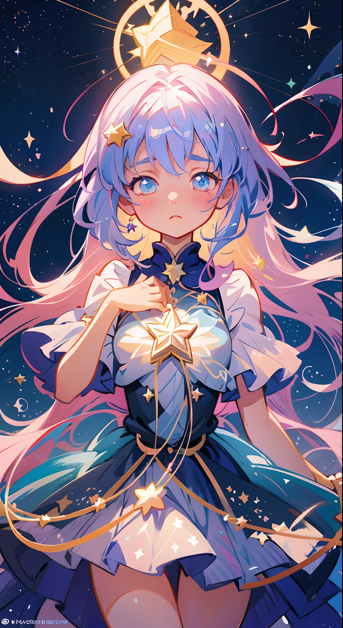 Anime magical girl, star brooch on her chest, sparkling magical girl, portrait of the magical girl, beautiful celestial mage, Detailed key anime art, Trending on ArtStation pixiv, magical little girl, guweiz on pixiv artstation, high detailed official artwork, Cute anime waifu in a nice dress, Pixiv Contest Winner, anime goddess, official anime artwork