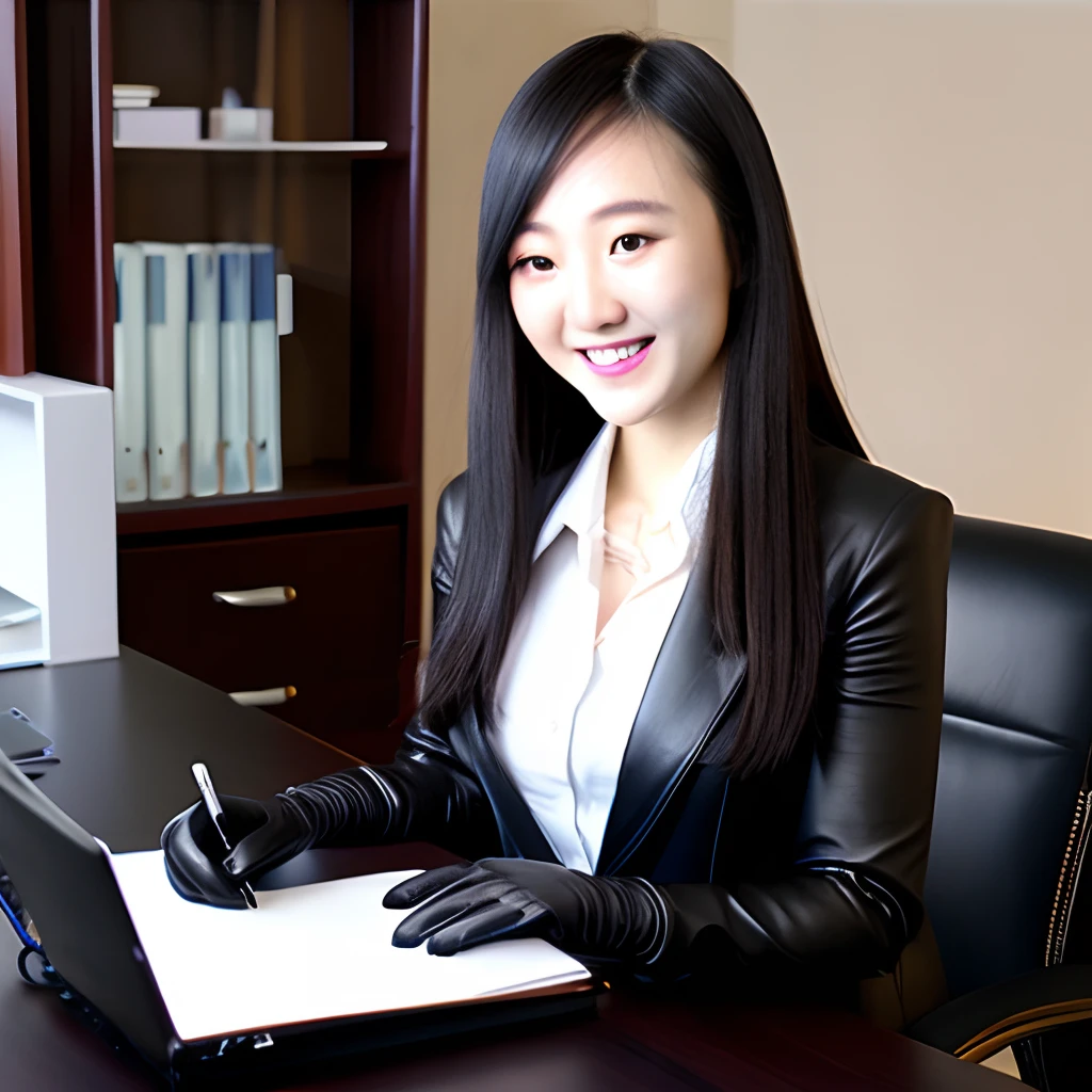 Wearing black leather gloves on both hands, Upper body, Black business suit, Facing a desk in a modern study in the dark, Looking down, Smiling, Use a fountain pen to write a letter, long, Straight black hair, Japan female new employee with young and cute face (Black leather gloves cover both hands)