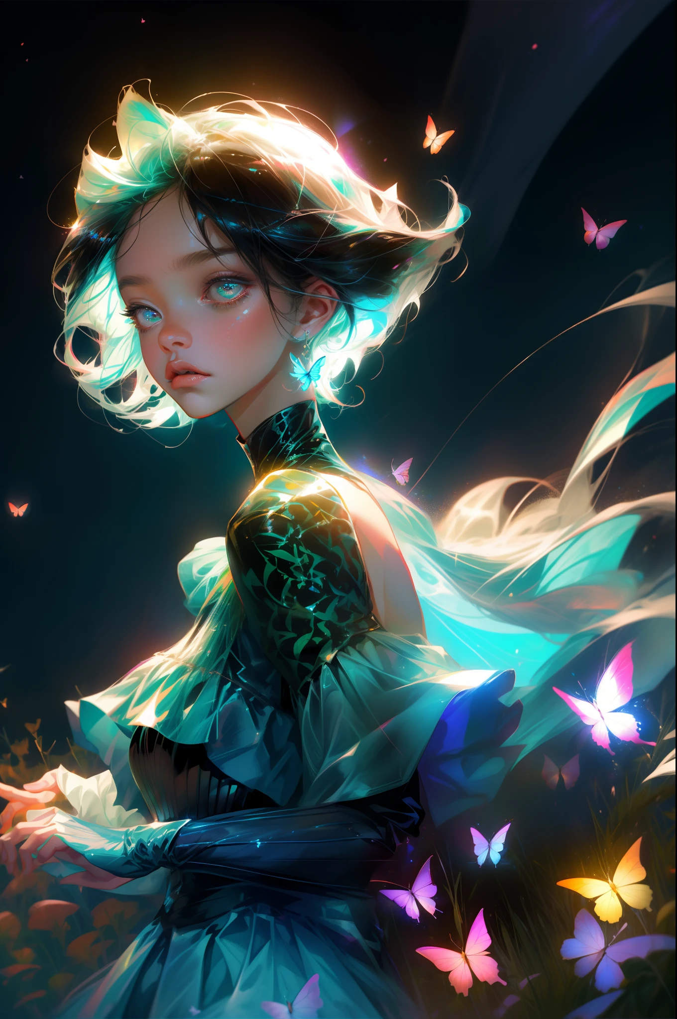 masterpiece、top-quality、超A high resolution、Fluorescent color、Cool Men、beautiful countenance、beautidful eyes、(off shoulders:1.2)、turn your head up、There is a space sky、On colorful water and grass、Colorful butterflies flutter around、beautiful butterfly、shinny hair、shinny skin、Shine Cut、Chibi、Finger Scale Coordination、black starlight dress、Particle
