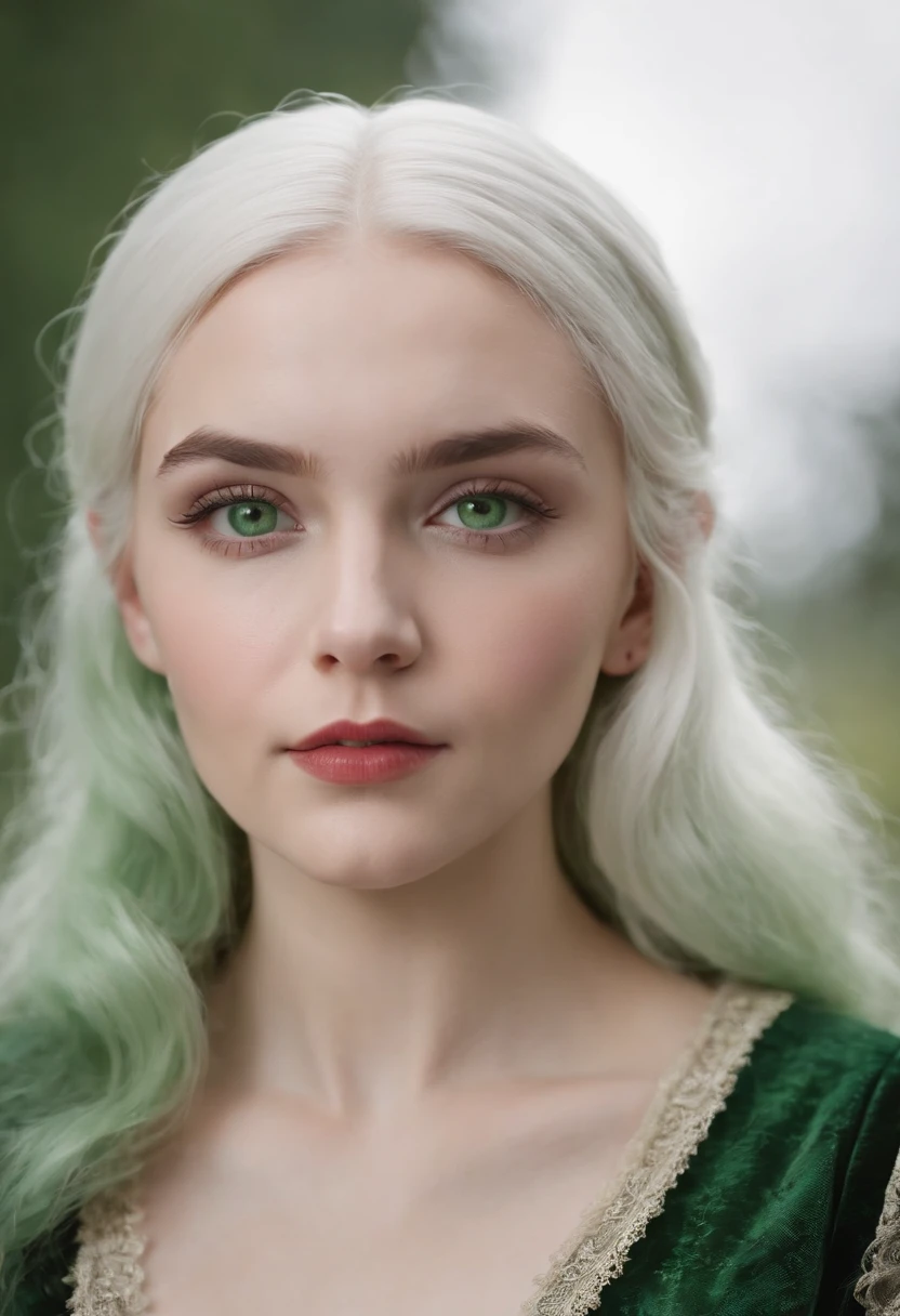 Wednesday Adams , woman around 19 years old, natural white hair, distinctive green eyes, wearing kohl, slender and graceful, beautiful, candlelight in a medieval setting, ultra sharp focus, realistic shot, medieval female clothes, tetradic colors, big boobs,