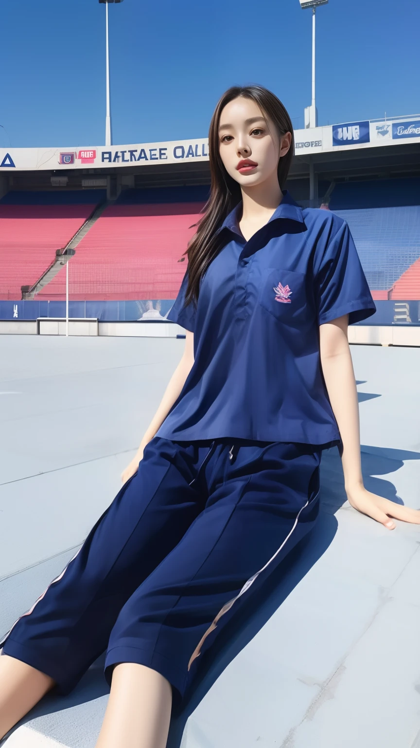 (bestquality,10,10,highres,masterpiece:1.2),ultra-detail,(Realistic,photorealistic portrait,photo-realistic:1.37),1 cute girl sitting on the football field,oily shiny skin,bara,light smile,BDclothes,((blue shirt:1.3)),short sleeves,shirt, trousers.,(navy_long_Pants Track:1.1), ((Stadium Background:1.3)),dynamic angle,excited,face focus,Dynamic Poses,from behide,Ass Focus,masterpiece, bestquality, ultra realistic, hyper-detail, 8k resolution, RAW photo, crisp focus, ((Navy blue shirt:1.1)), short sleeves, Long Path, Perfect body, 2 mature women, 18yo, cinematic light,Blue sweatpants,Gymware,Correct anatomy,Complete body, Correct body, sharp face, Anatomically correct body, full entire body, Realistic gestures, long-haired, Realistic poses,Wear long shorts................,Long leg span,Shapely,Sculpting Girl, Slender Figure, mannequin mannequins, Shapely, Beautiful body,Blue sweatpants