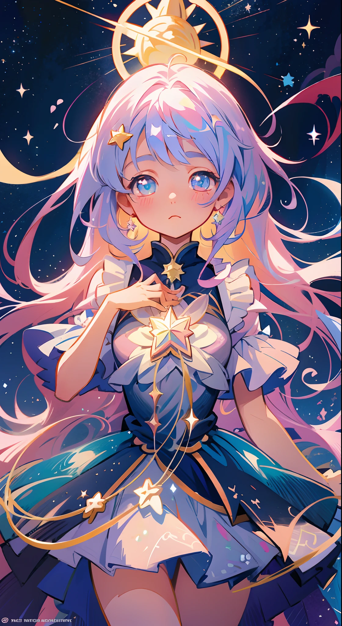 Anime magical girl, star brooch on her chest, sparkling magical girl, portrait of the magical girl, beautiful celestial mage, Detailed key anime art, Trending on ArtStation pixiv, magical little girl, guweiz on pixiv artstation, high detailed official artwork, Cute anime waifu in a nice dress, Pixiv Contest Winner, anime goddess, official anime artwork