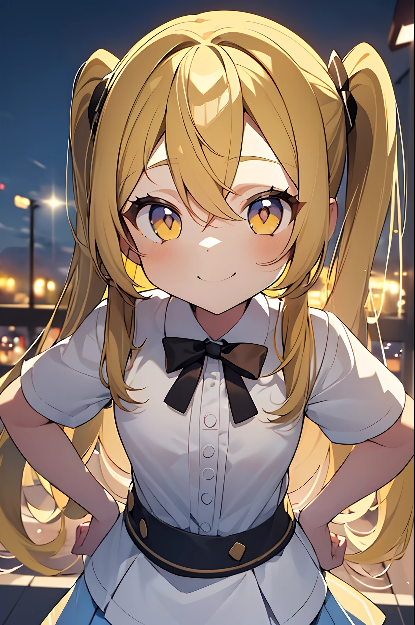 1girl. yellow hair.long hair.twintails.short stature. small breast.white t-shirts.skirt. (((masterpiece))).(((best quality))).)((ultra-detailed))).(((illustration))). (((put your hands on your hips))).(((night view))).smile.look from above.