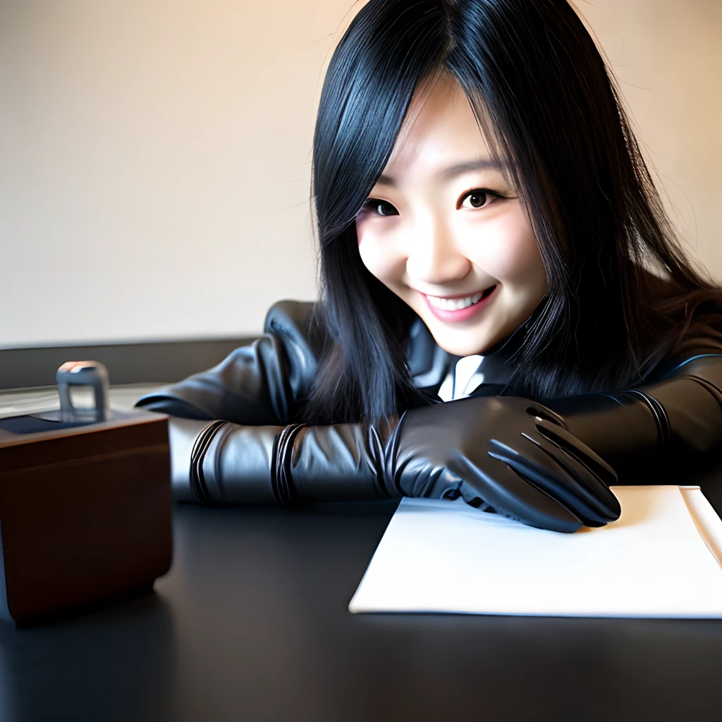 Wearing black leather gloves on both hands, Upper body, Black business suit, Facing a desk in a modern study in the dark, Looking down, Smiling, Use a fountain pen to write a letter, long, Straight black hair, Japan female new employee with young and cute face (Black leather gloves cover both hands)