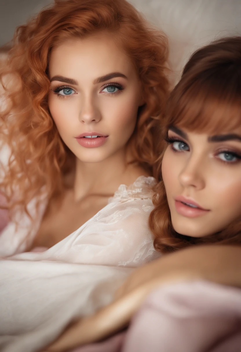 two attractive late teenage girls, beautiful detailed eyes, beautiful detailed lips, stunning eyes, in bed, white walls, left girl with blonde hair and pink highlights, right girl with vibrant red hair, extremely attracted to each other, passionately in love, seductive, lesbian lovers, full body, no clothing, having sex